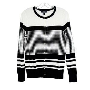 Lands End Womens Nautical Striped Cardigan Small Black White 100% Supima Cotton